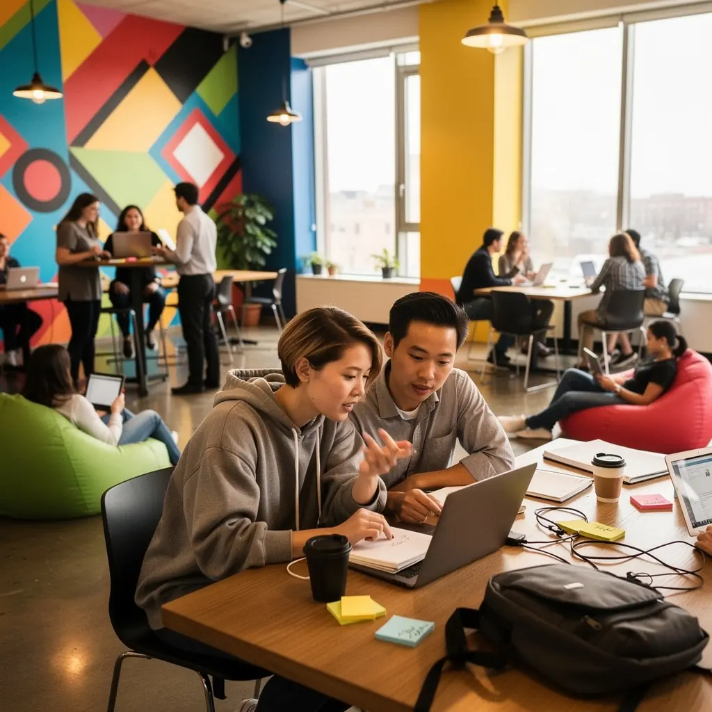 Komfortowa strefa wypoczynkowa z wygodnymi kanapami i zielonymi roślinami.