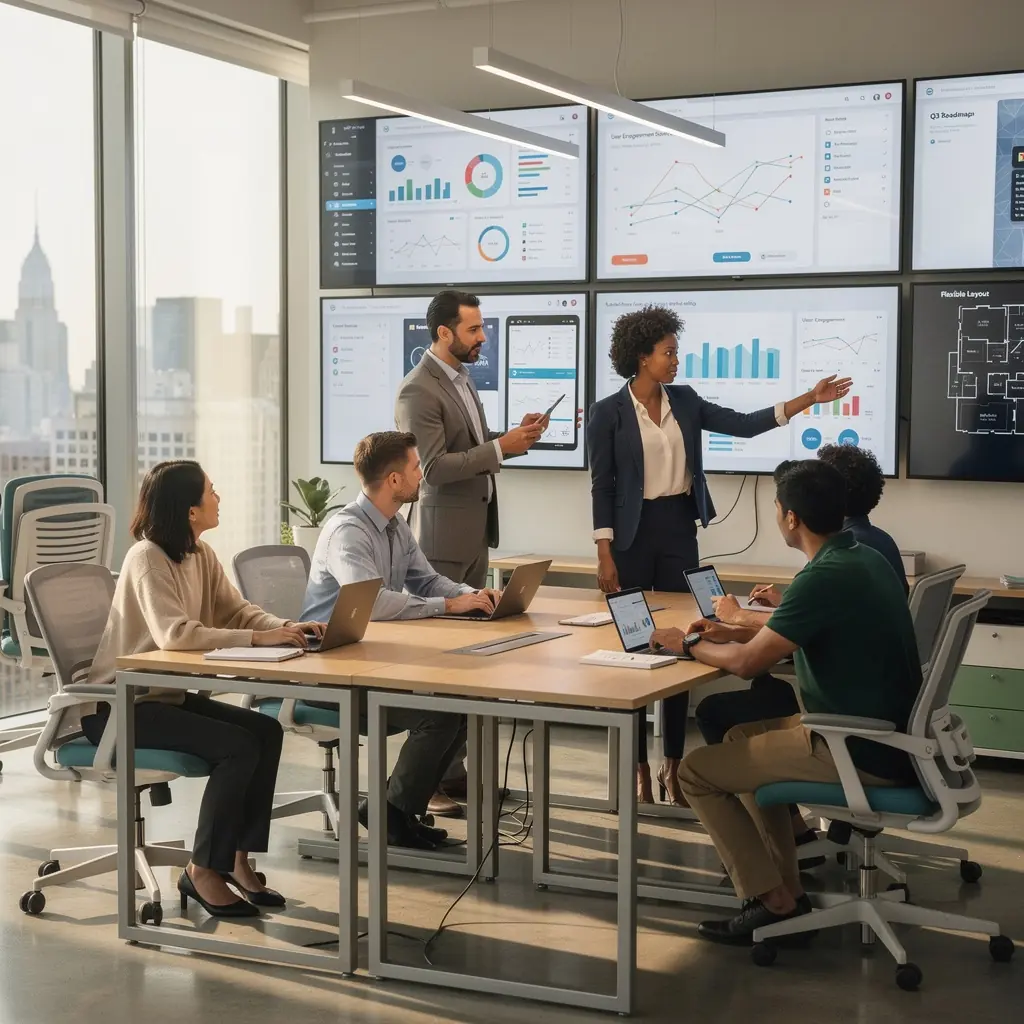 Zaaranżowana przestrzeń do spotkań z ergonomicznymi krzesłami i nowoczesnym stołem.