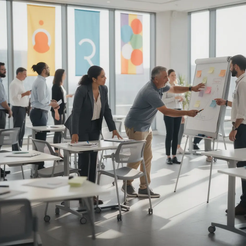 Otwarte biuro z elastycznymi stanowiskami pracy sprzyjające współpracy zespołowej.